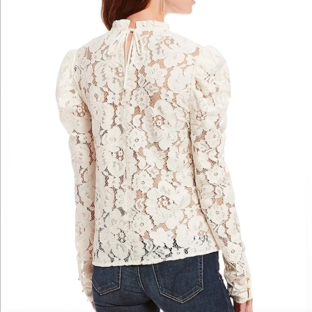 WAYF Blouse Women S Cream Floral Lace Mock Neck Puff Sleeve Gold Button Romantic